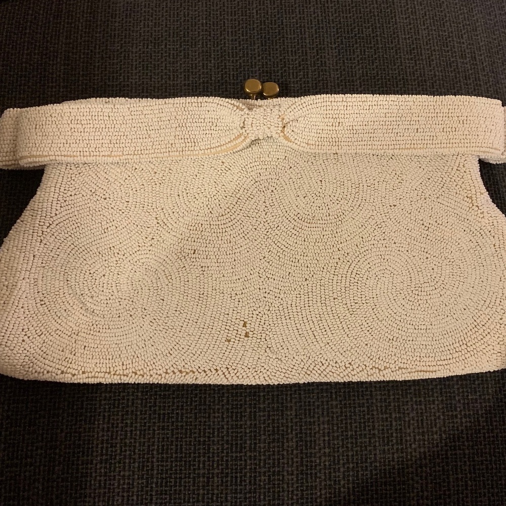 Vintage 1950s Saks Fifth Avenue WHITE BEADED BOW TOP Purse Hand Made in Belgium